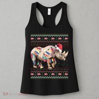 Santa Rhino Christmas Lights Ugly Sweater Racoon Lover Xmas Women's Tank Top thumb 3