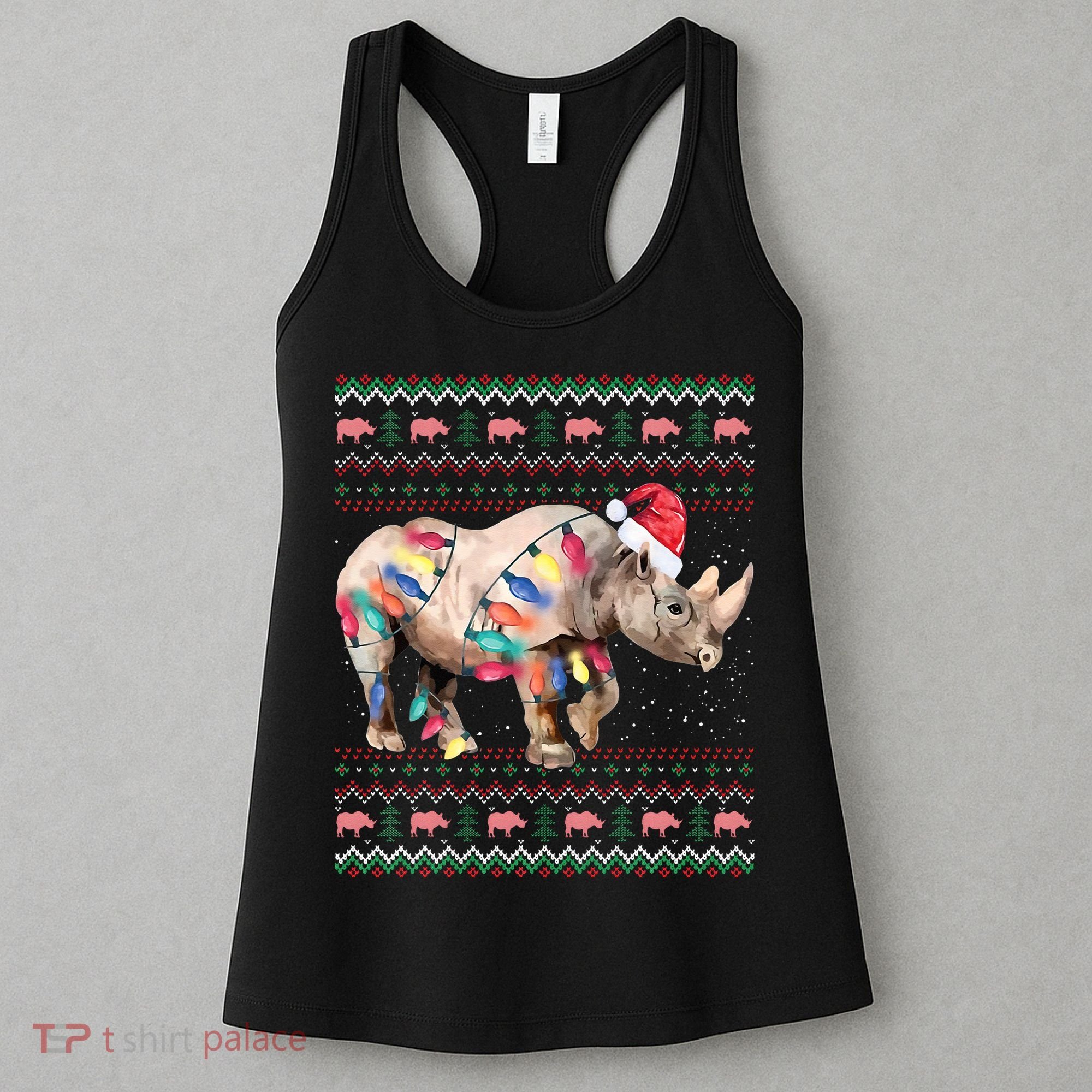 Santa Rhino Christmas Lights Ugly Sweater Racoon Lover Xmas Women's Tank Top