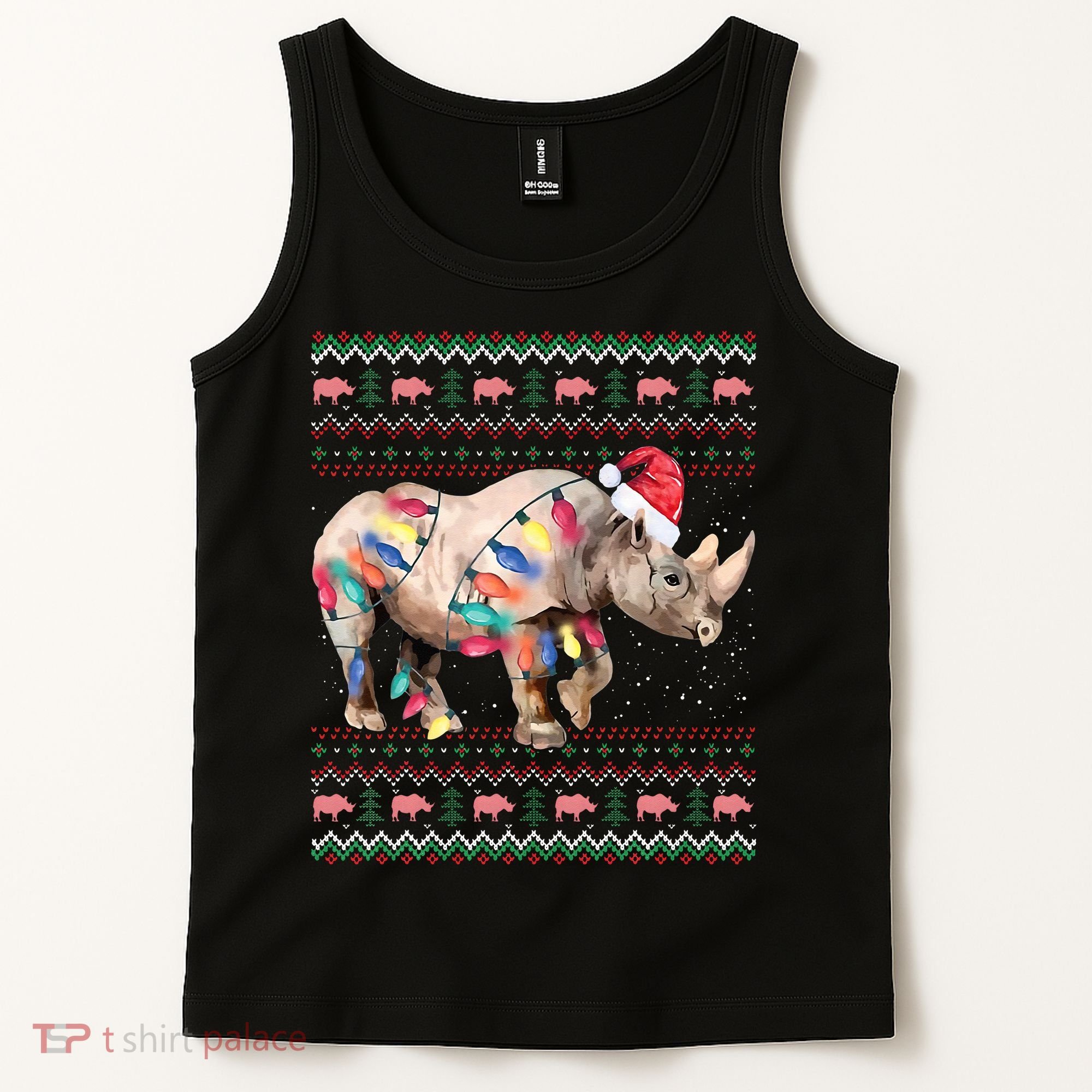 Santa Rhino Christmas Lights Ugly Sweater Racoon Lover Xmas Tank Top
