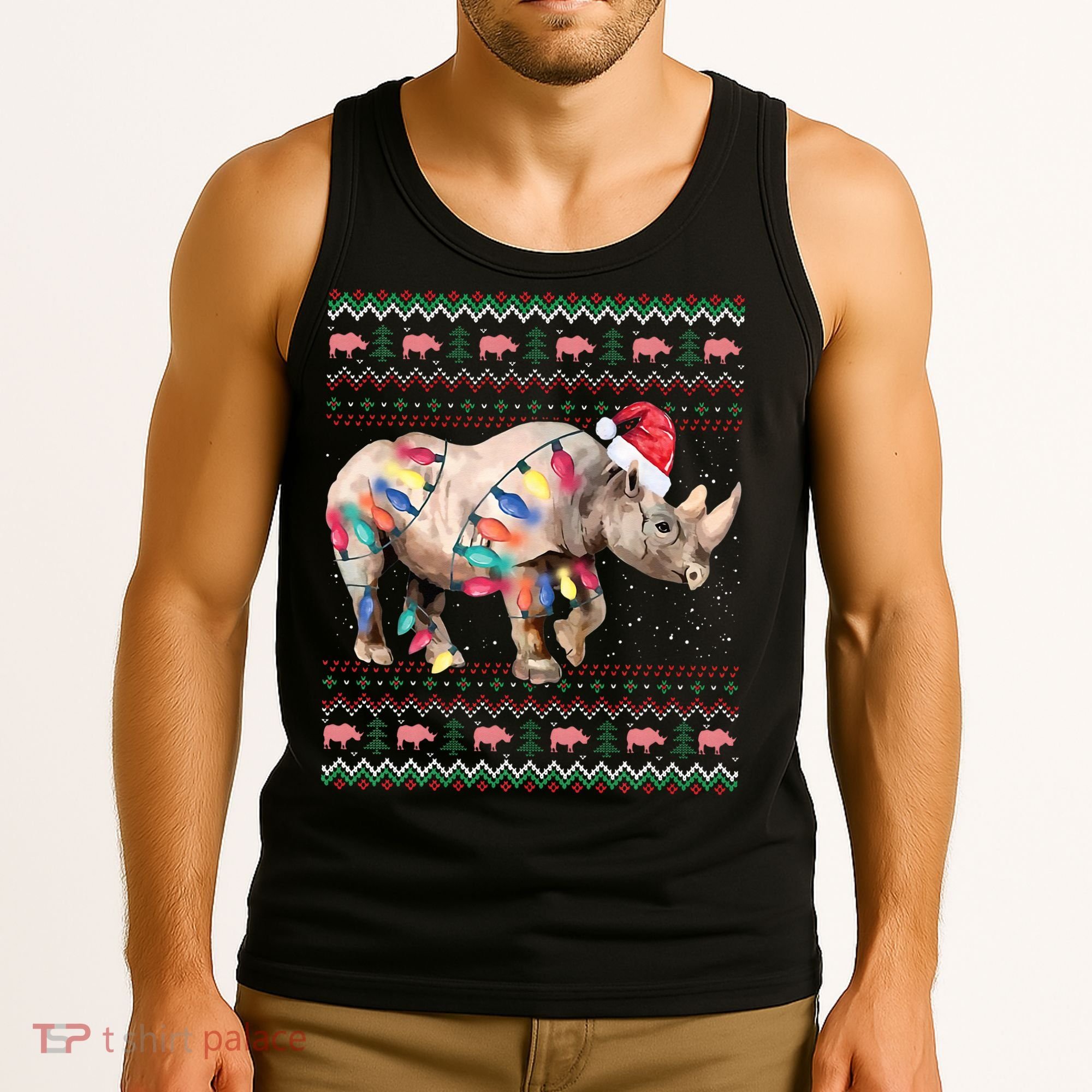 Santa Rhino Christmas Lights Ugly Sweater Racoon Lover Xmas Tank Top