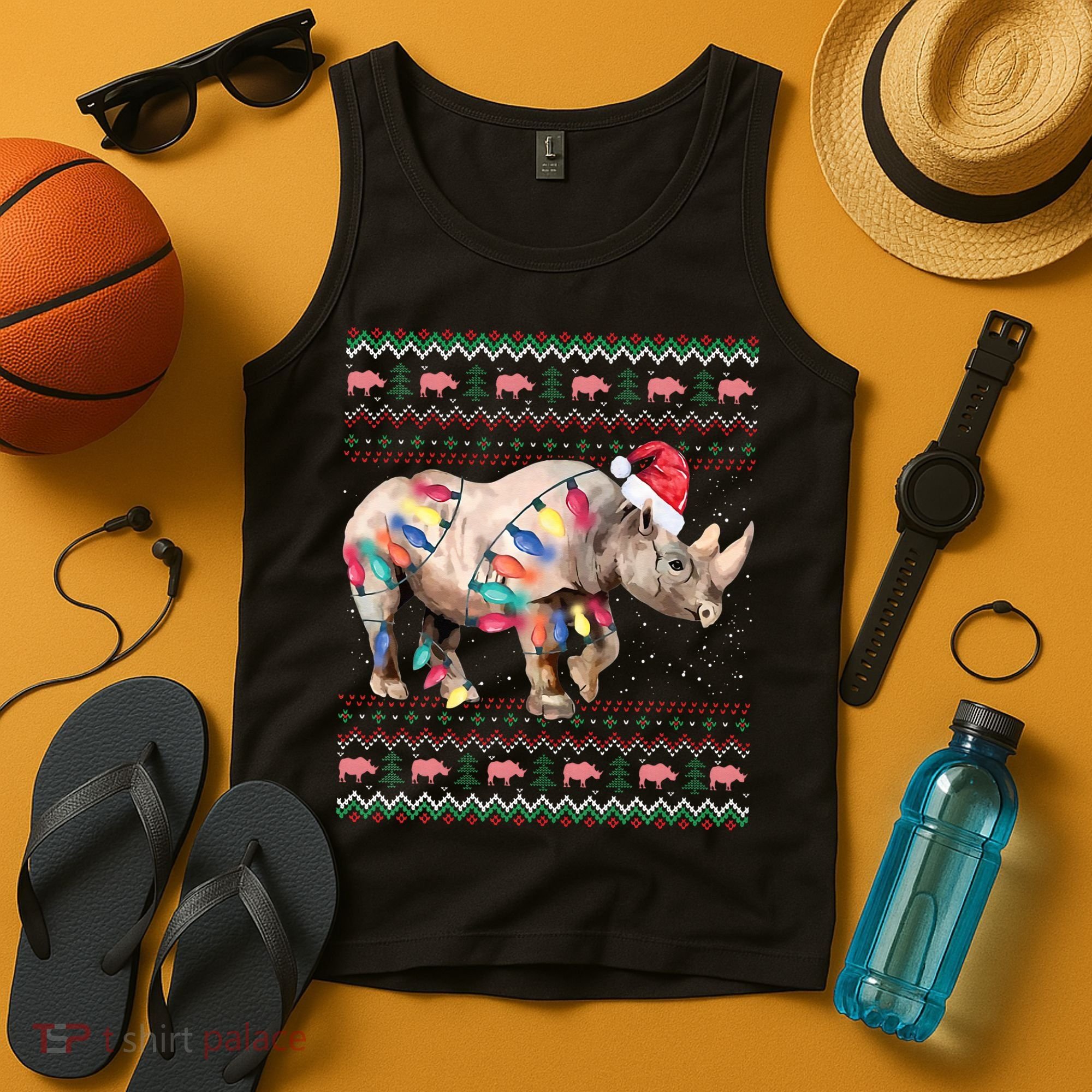 Santa Rhino Christmas Lights Ugly Sweater Racoon Lover Xmas Tank Top
