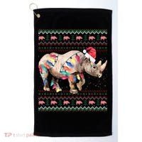 Santa Rhino Christmas Lights Ugly Sweater Racoon Lover Xmas Golf Towel thumb 0