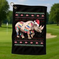 Santa Rhino Christmas Lights Ugly Sweater Racoon Lover Xmas Golf Towel thumb 1