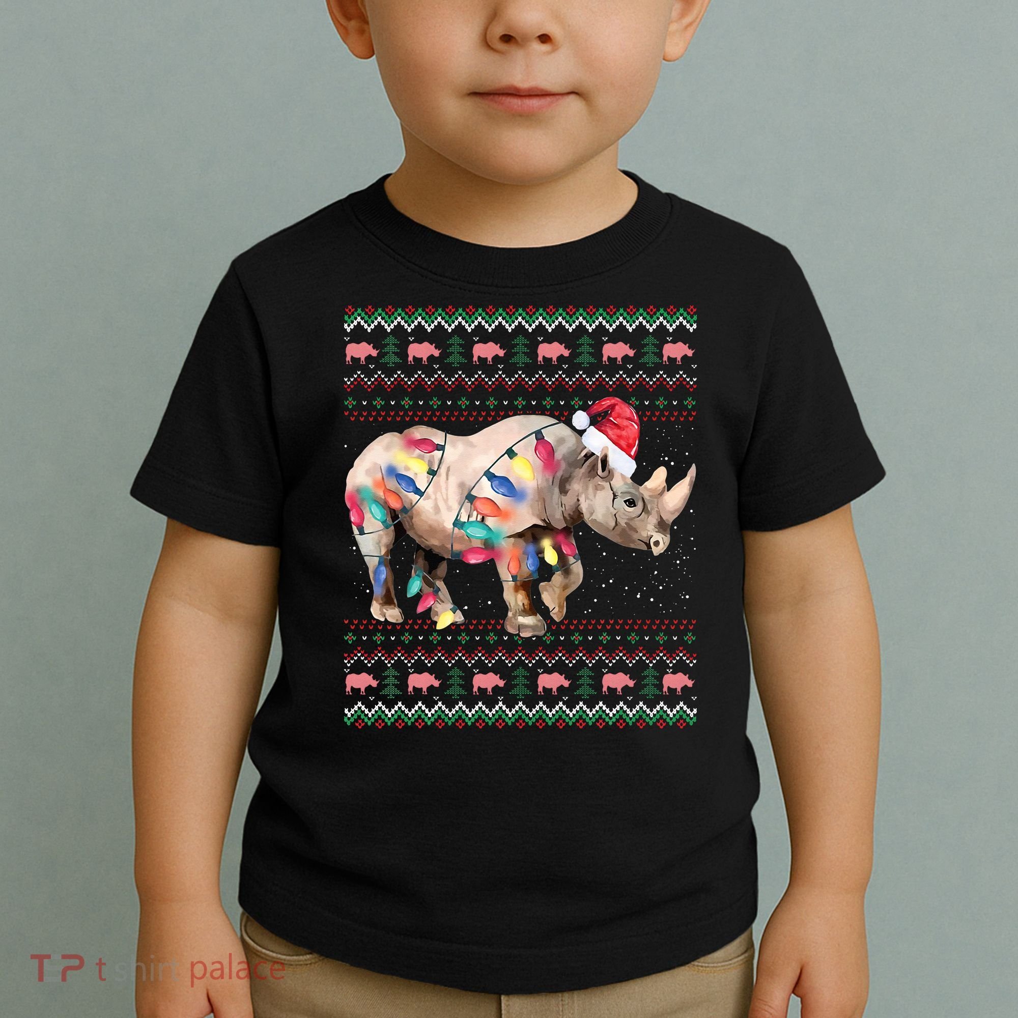 Santa Rhino Christmas Lights Ugly Sweater Racoon Lover Xmas Toddler T-Shirt