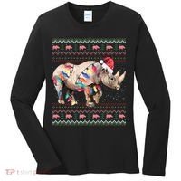 Santa Rhino Christmas Lights Ugly Sweater Racoon Lover Xmas Women's Long Sleeve Shirt thumb 0
