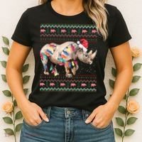 Santa Rhino Christmas Lights Ugly Sweater Racoon Lover Xmas Women's T-Shirt thumb 2