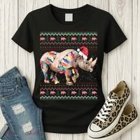 Santa Rhino Christmas Lights Ugly Sweater Racoon Lover Xmas Women's T-Shirt thumb 3