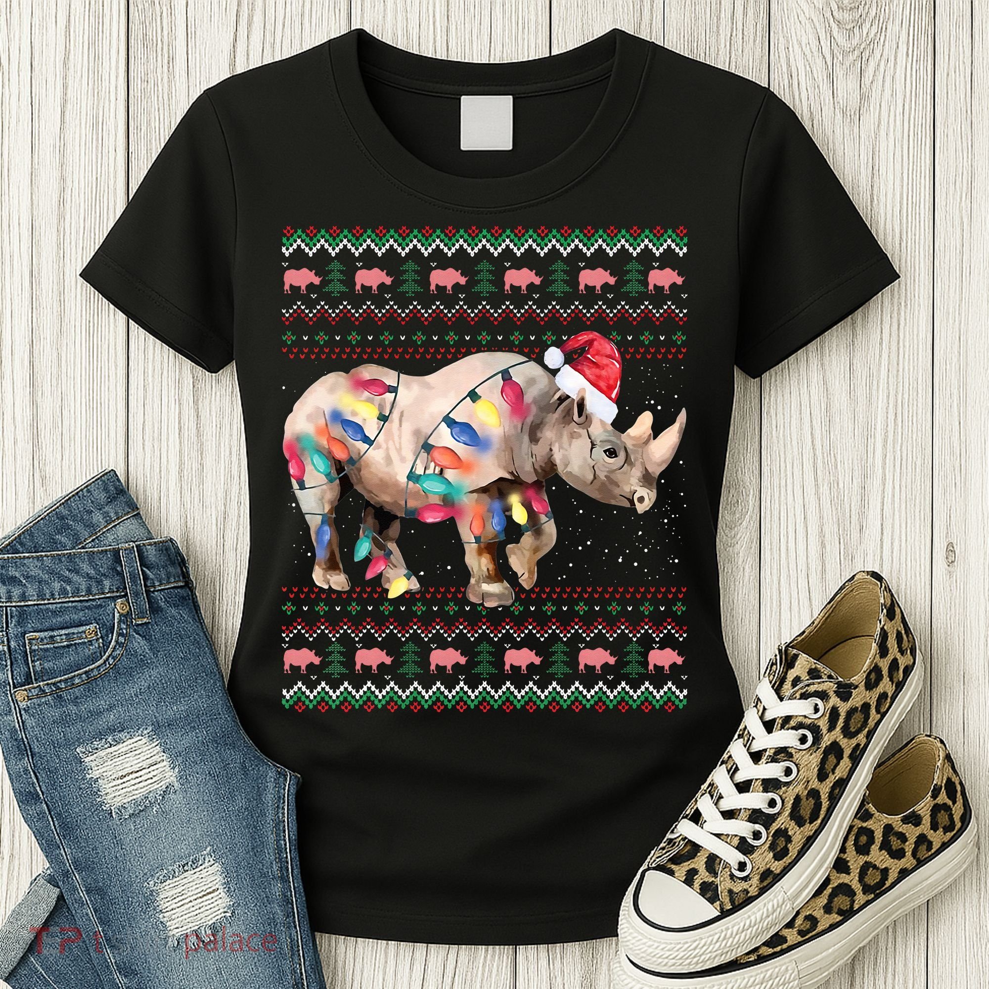 Santa Rhino Christmas Lights Ugly Sweater Racoon Lover Xmas Women's T-Shirt