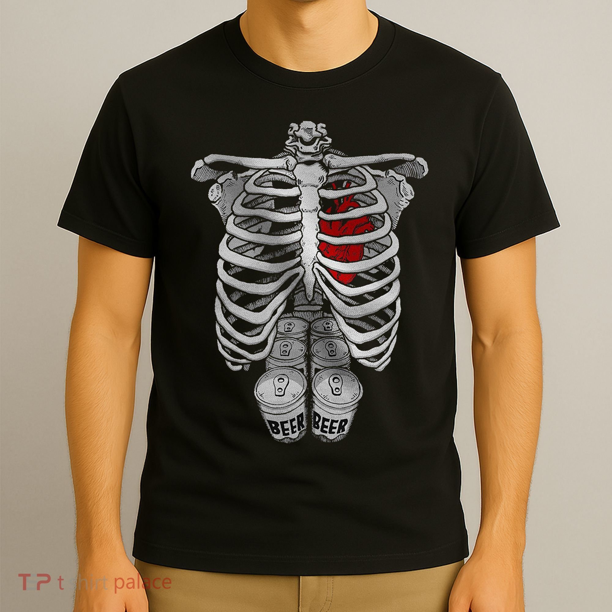 Skeleton Rib Cage Full Of Beer Funny Halloween Costume T-Shirt