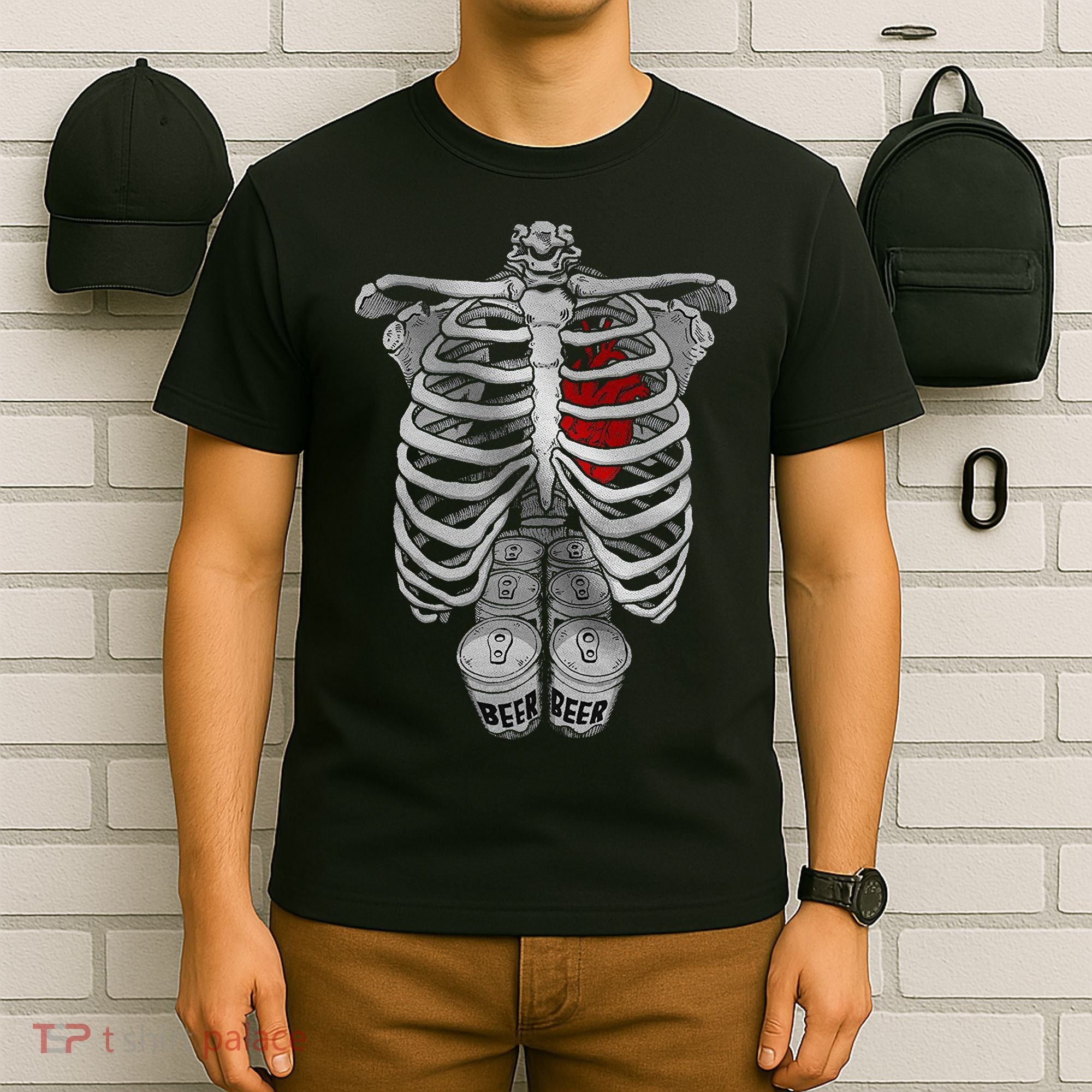Skeleton Rib Cage Full Of Beer Funny Halloween Costume T-Shirt