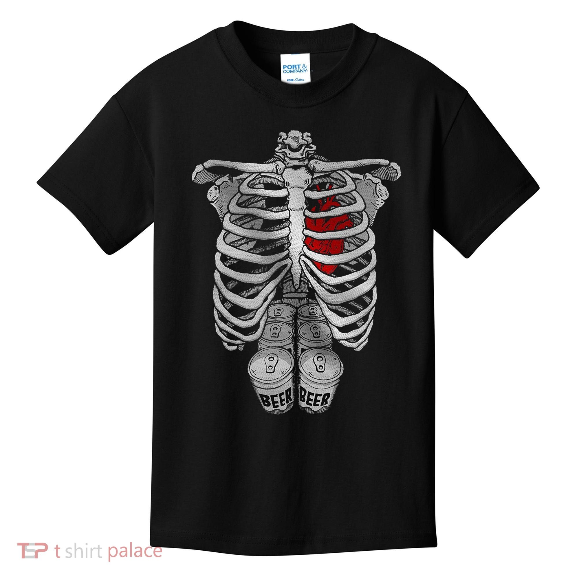 Skeleton Rib Cage Full Of Beer Funny Halloween Costume Kids T-Shirt