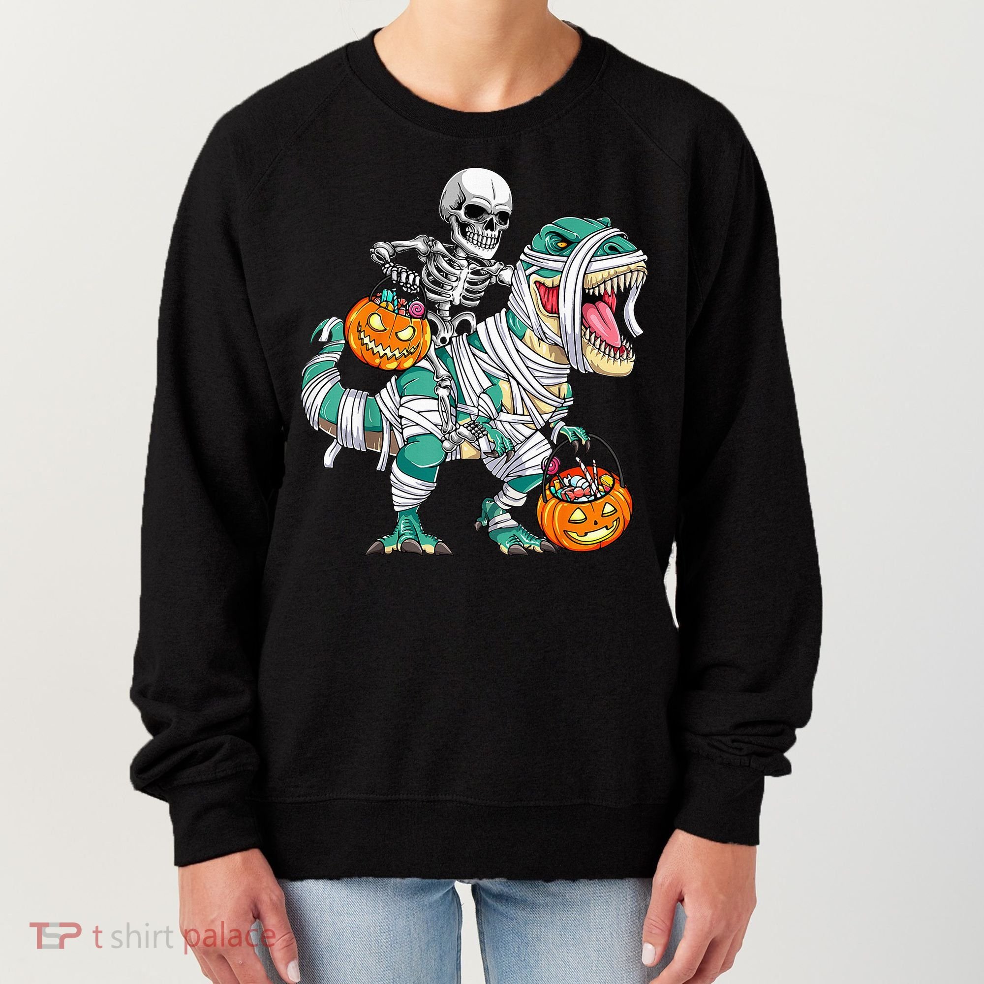 Skeleton Riding Dinosaur T Rex Funny Kids Halloween Women's Sweatshirt