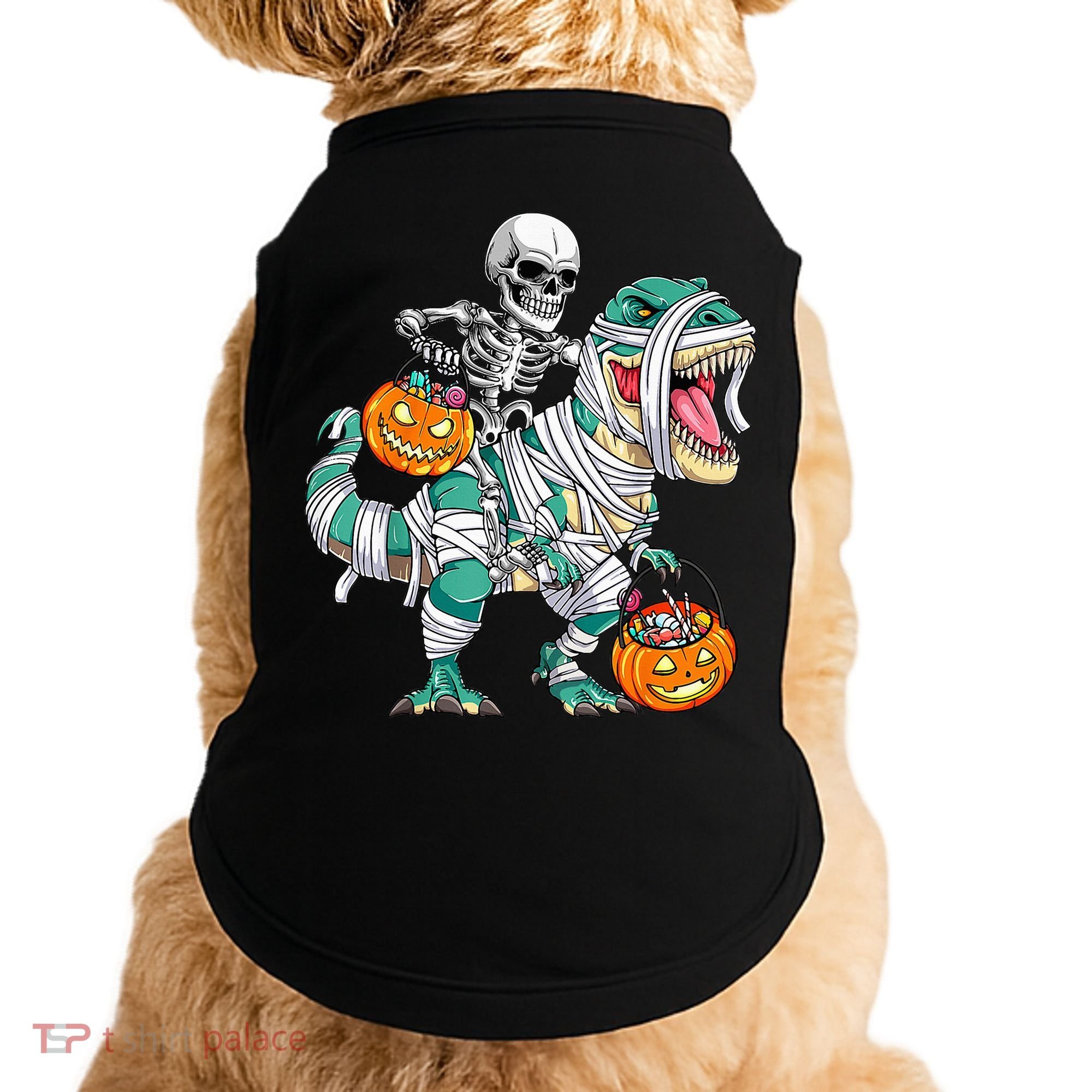 Skeleton Riding Dinosaur T Rex Funny Kids Halloween Doggie Tank