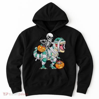 Skeleton Riding Dinosaur T Rex Funny Kids Halloween Hoodie