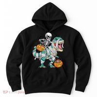 Skeleton Riding Dinosaur T Rex Funny Kids Halloween Hoodie thumb 0