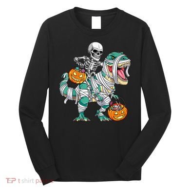 Skeleton Riding Dinosaur T Rex Funny Kids Halloween Long Sleeve Shirt