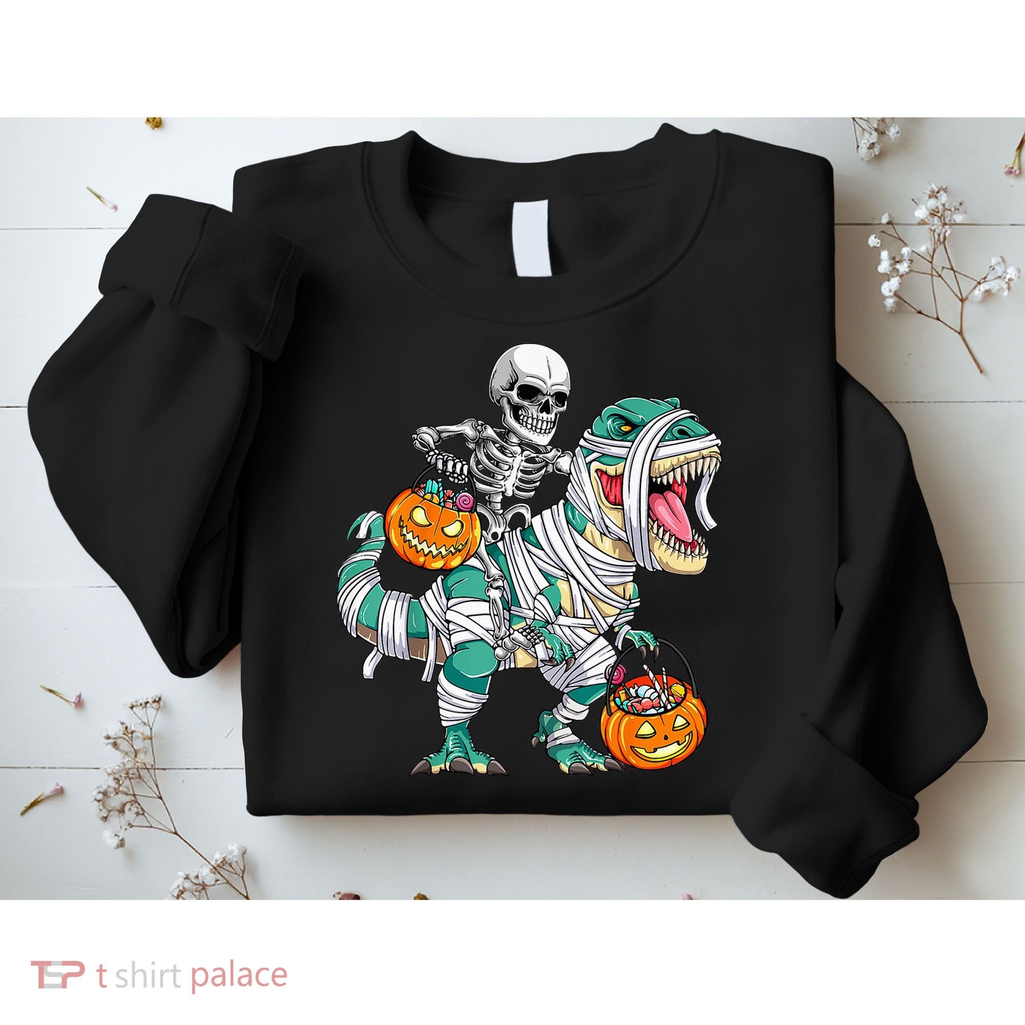 Skeleton Riding Dinosaur T Rex Funny Kids Halloween Sweatshirt