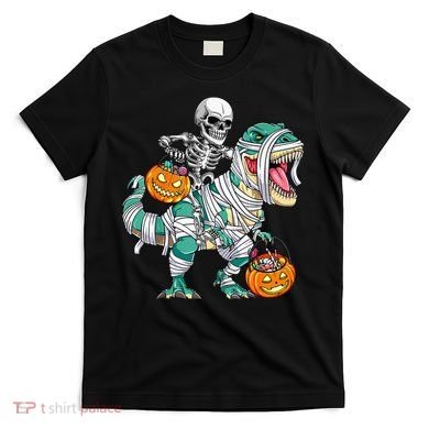 Skeleton Riding Dinosaur T Rex Funny Kids Halloween T-Shirt