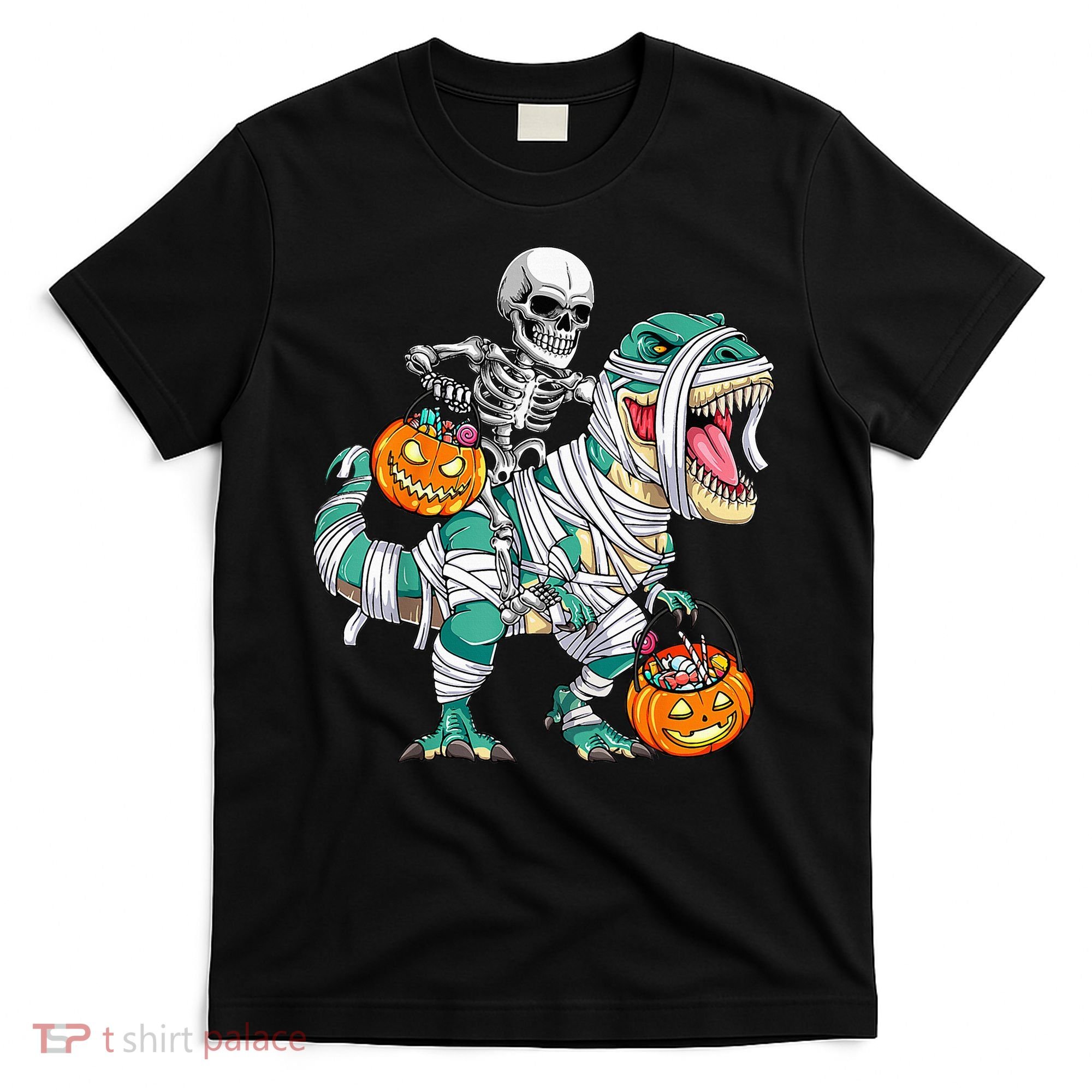 Skeleton Riding Dinosaur T Rex Funny Kids Halloween T-Shirt