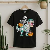 Skeleton Riding Dinosaur T Rex Funny Kids Halloween T-Shirt thumb 2