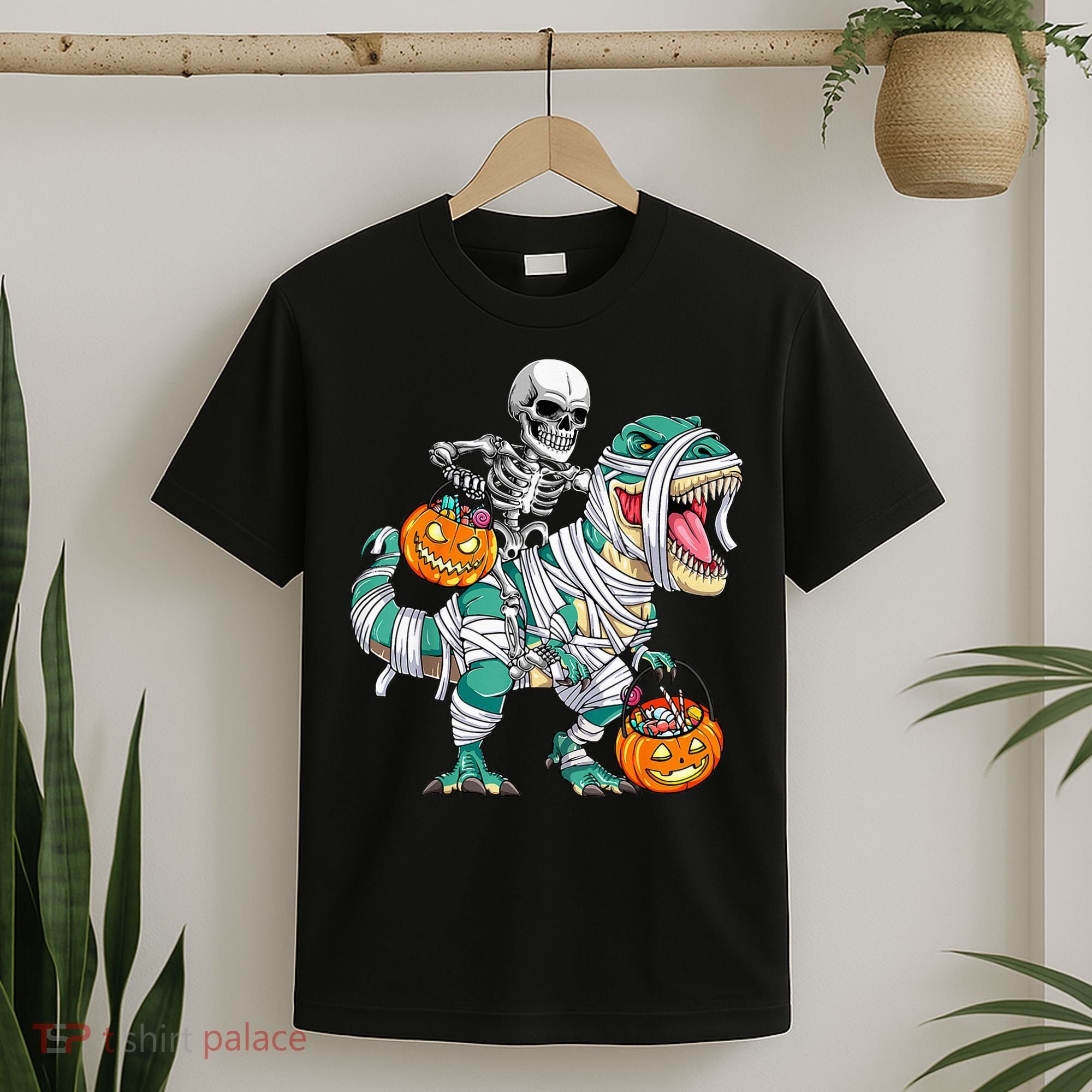 Skeleton Riding Dinosaur T Rex Funny Kids Halloween T-Shirt