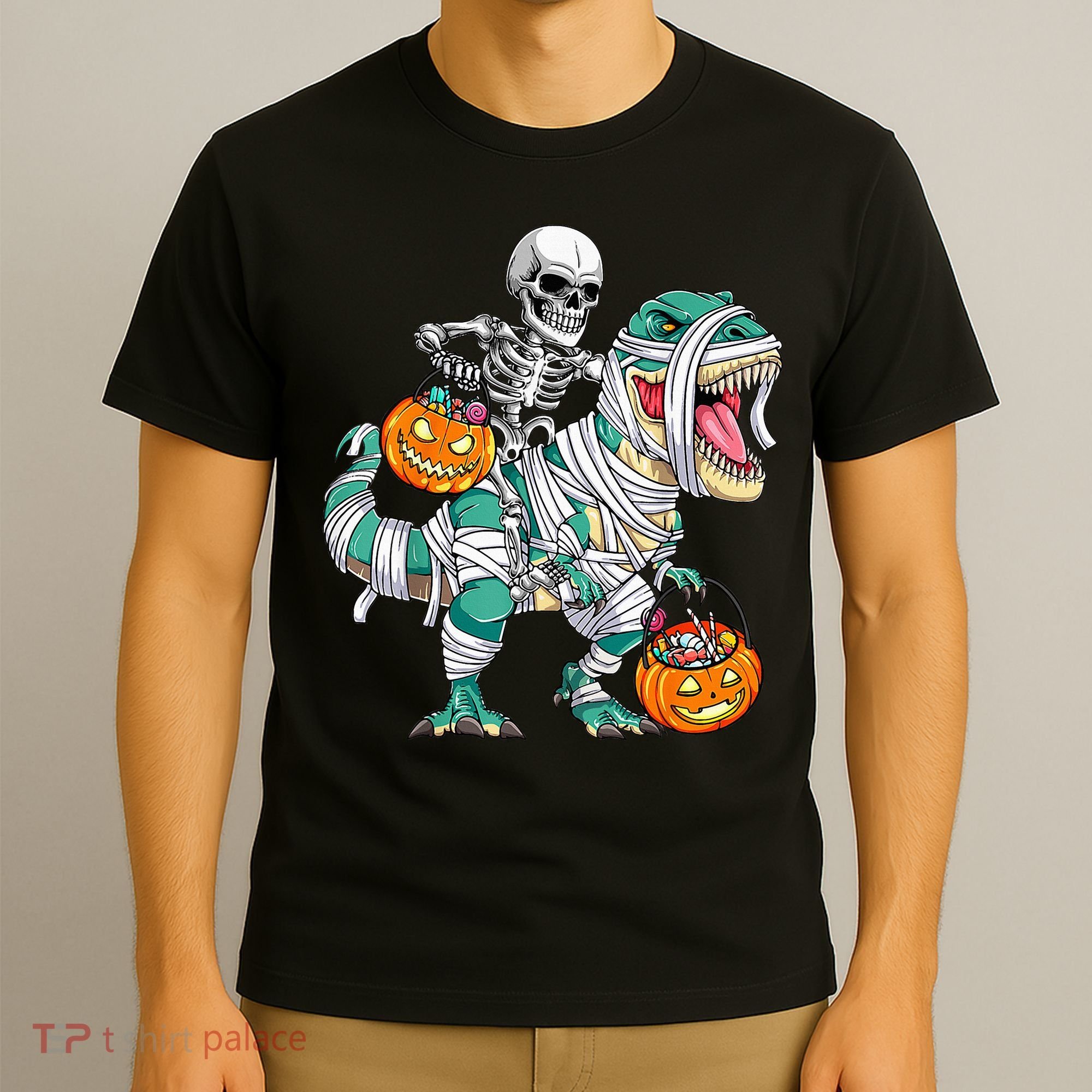 Skeleton Riding Dinosaur T Rex Funny Kids Halloween T-Shirt