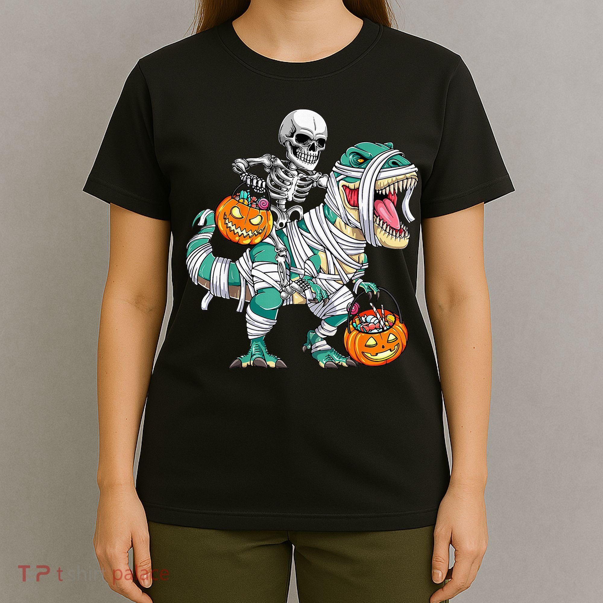 Skeleton Riding Dinosaur T Rex Funny Kids Halloween T-Shirt