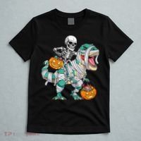 Skeleton Riding Dinosaur T Rex Funny Kids Halloween T-Shirt thumb 5