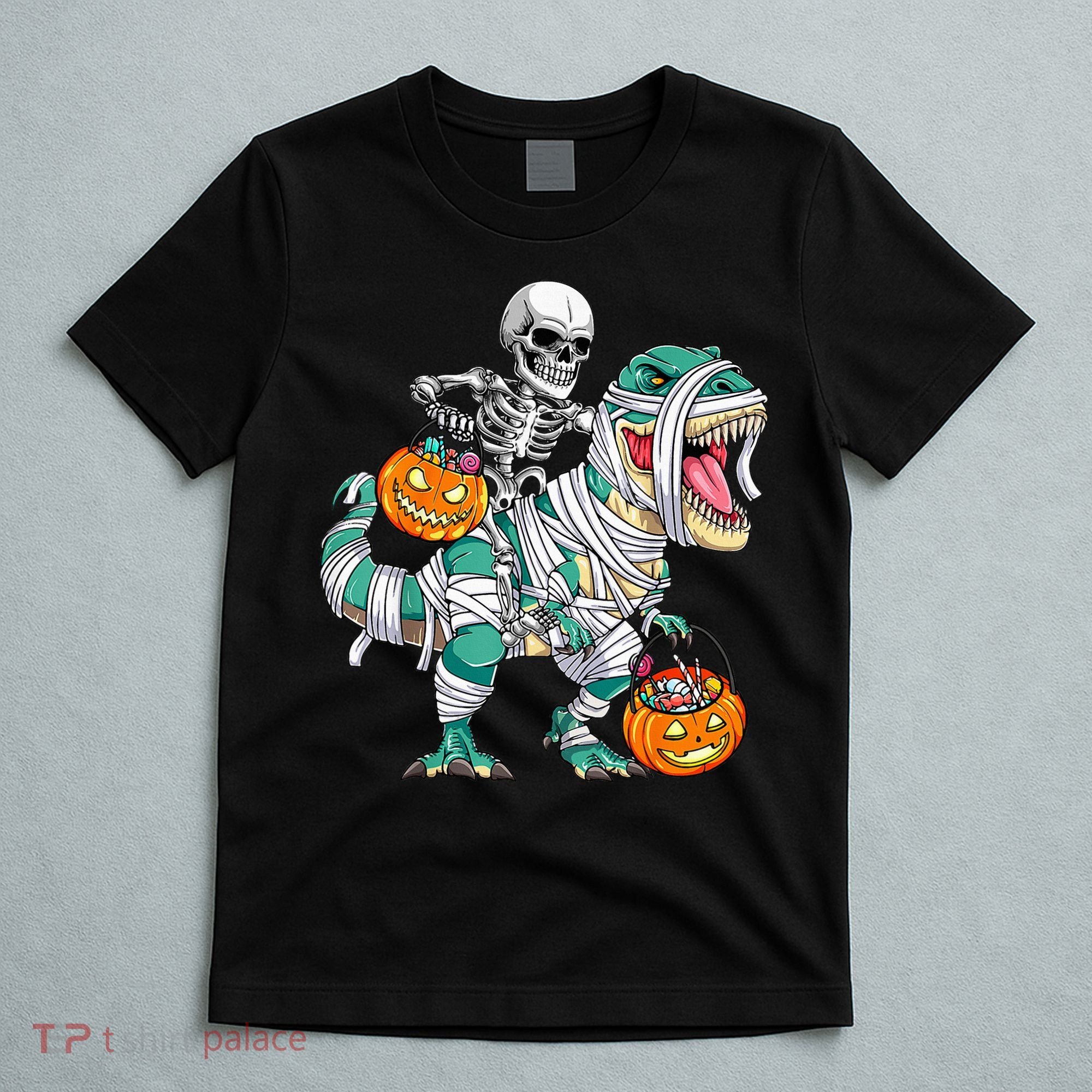 Skeleton Riding Dinosaur T Rex Funny Kids Halloween T-Shirt