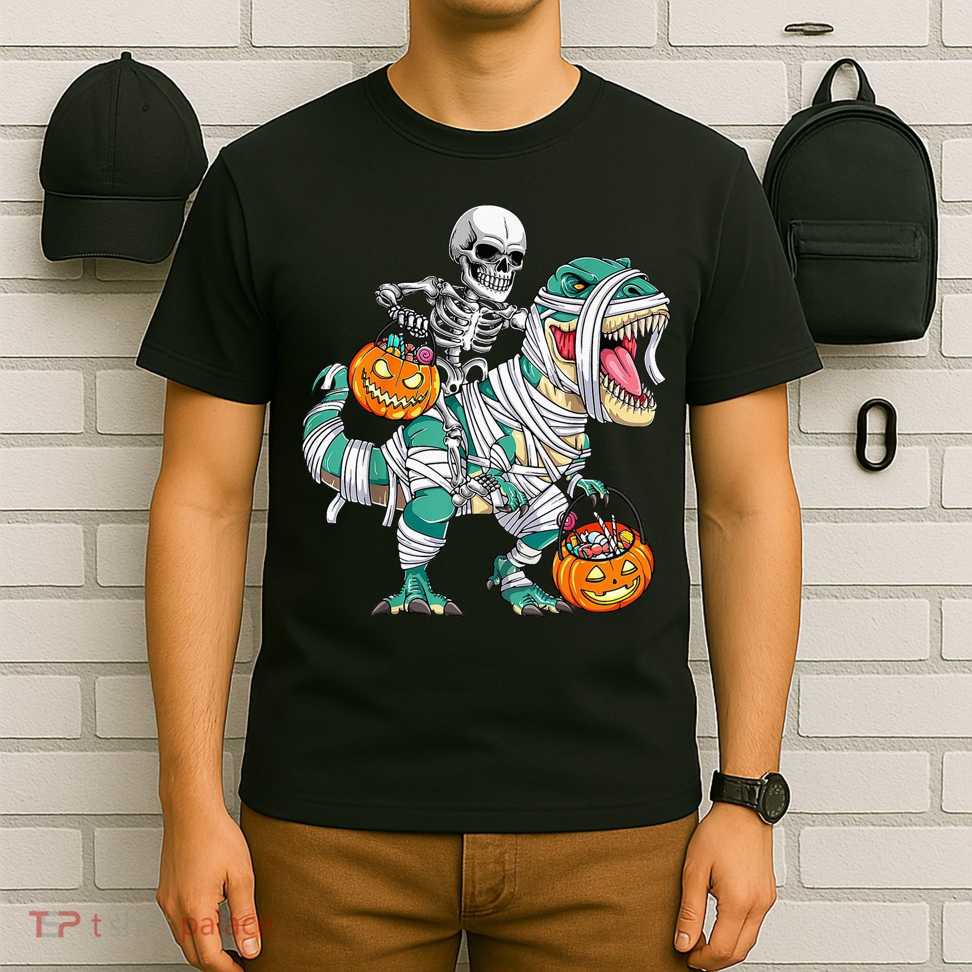 Skeleton Riding Dinosaur T Rex Funny Kids Halloween T-Shirt