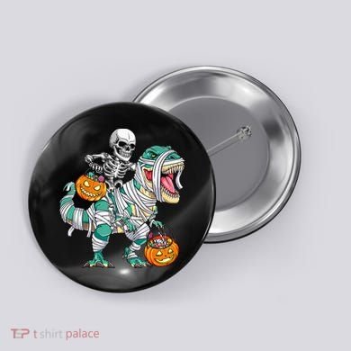 Skeleton Riding Dinosaur T Rex Funny Kids Halloween Button