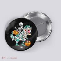 Skeleton Riding Dinosaur T Rex Funny Kids Halloween Button thumb 0