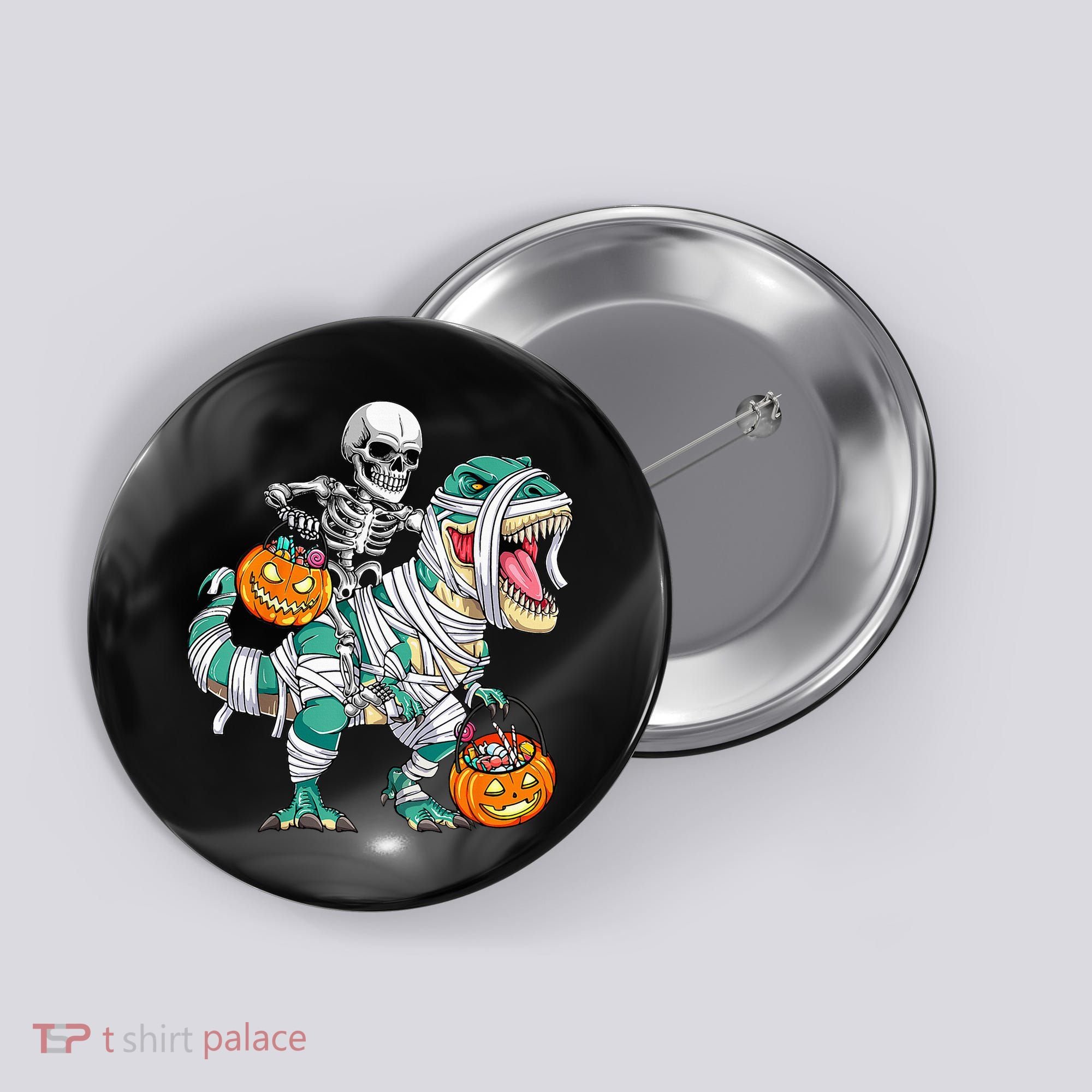 Skeleton Riding Dinosaur T Rex Funny Kids Halloween Button