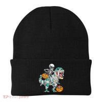 Skeleton Riding Dinosaur T Rex Funny Kids Halloween Beanie thumb 0