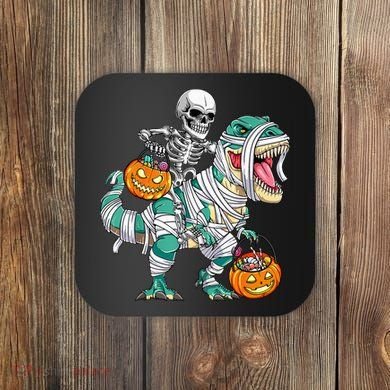 Skeleton Riding Dinosaur T Rex Funny Kids Halloween Coaster