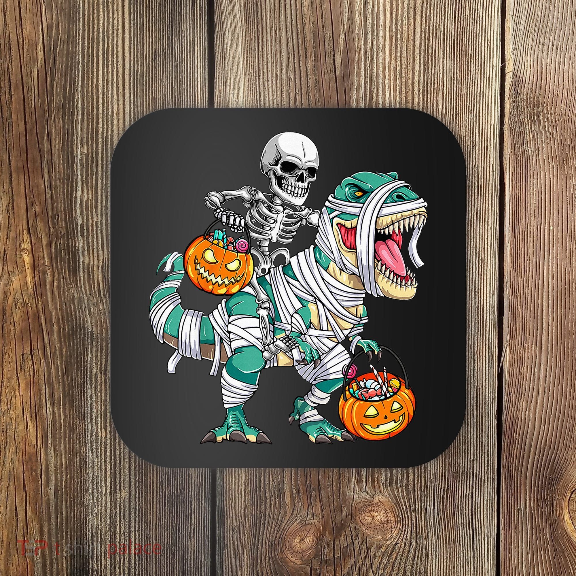 Skeleton Riding Dinosaur T Rex Funny Kids Halloween Coaster
