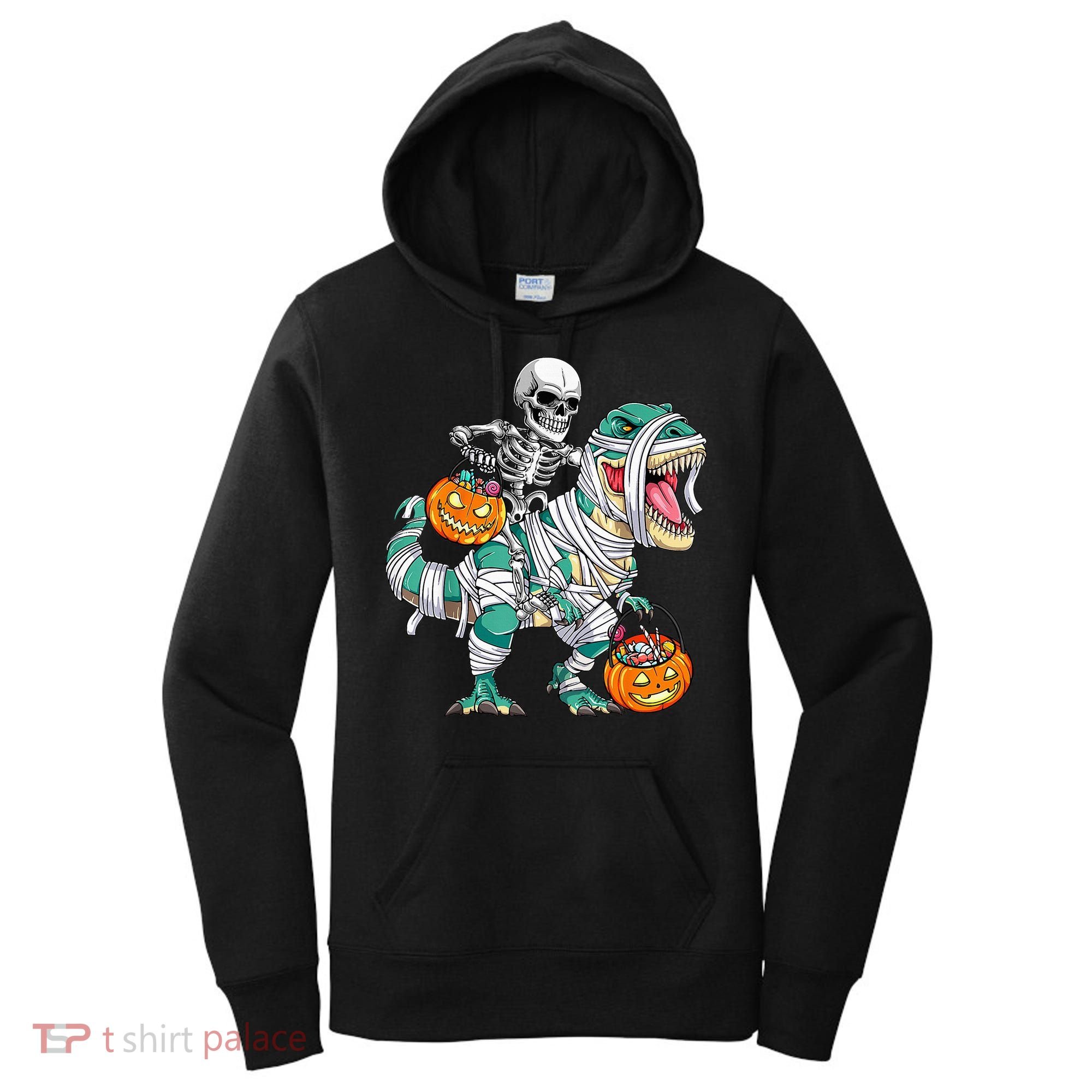 Skeleton Riding Dinosaur T Rex Funny Kids Halloween Women's Hoodie