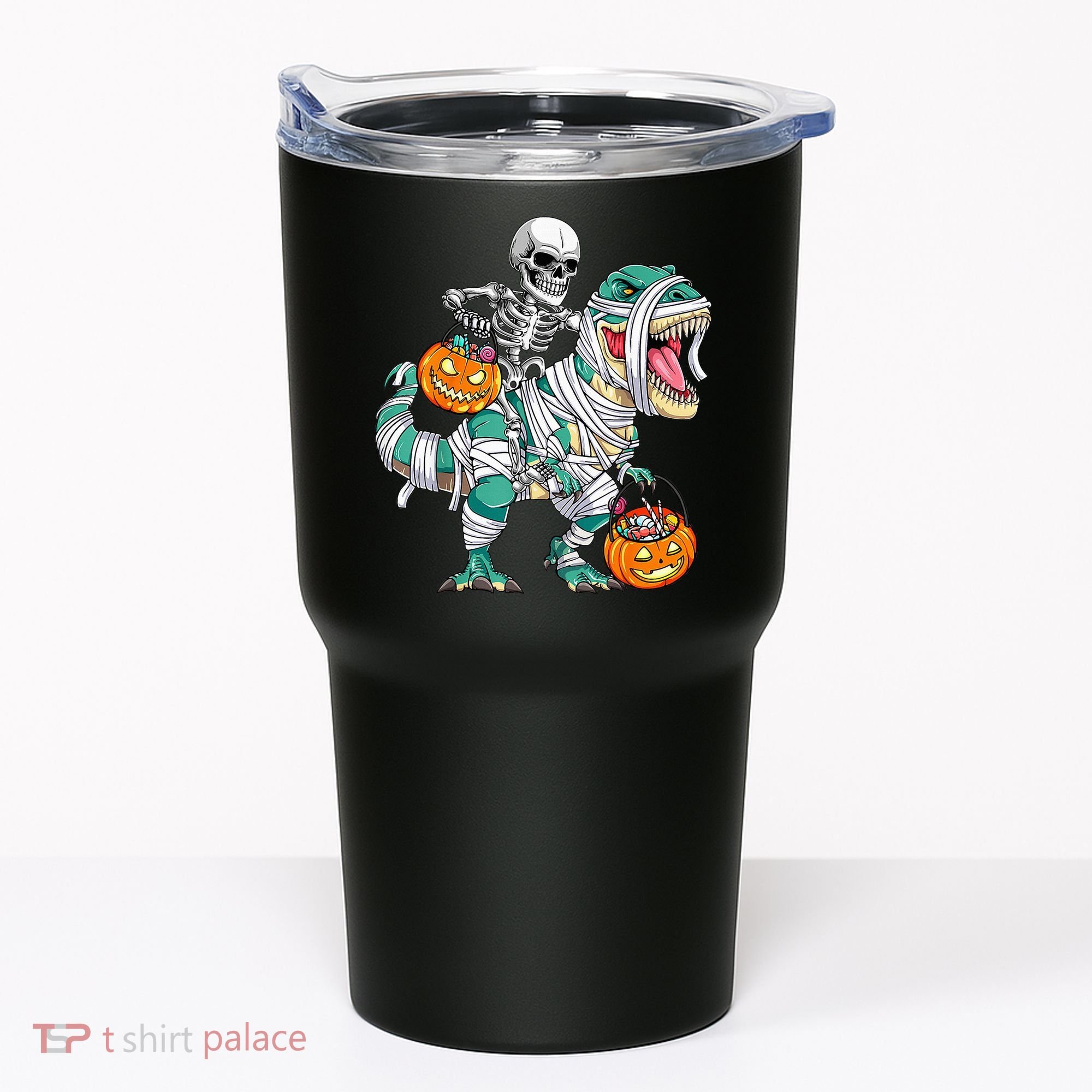 Skeleton Riding Dinosaur T Rex Funny Kids Halloween Tumbler
