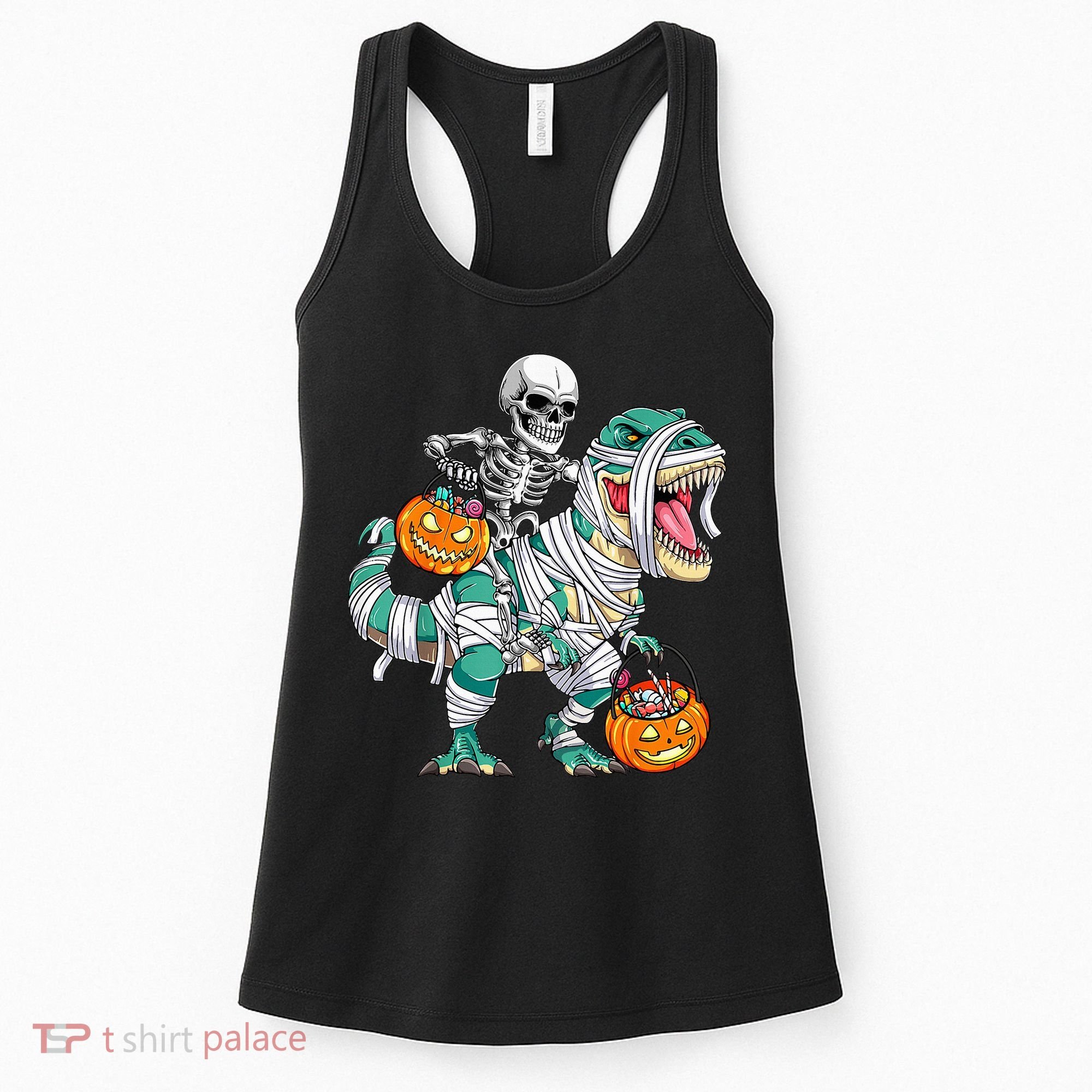 Skeleton Riding Dinosaur T Rex Funny Kids Halloween Women's Tank Top