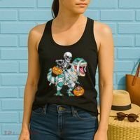 Skeleton Riding Dinosaur T Rex Funny Kids Halloween Women's Tank Top thumb 2