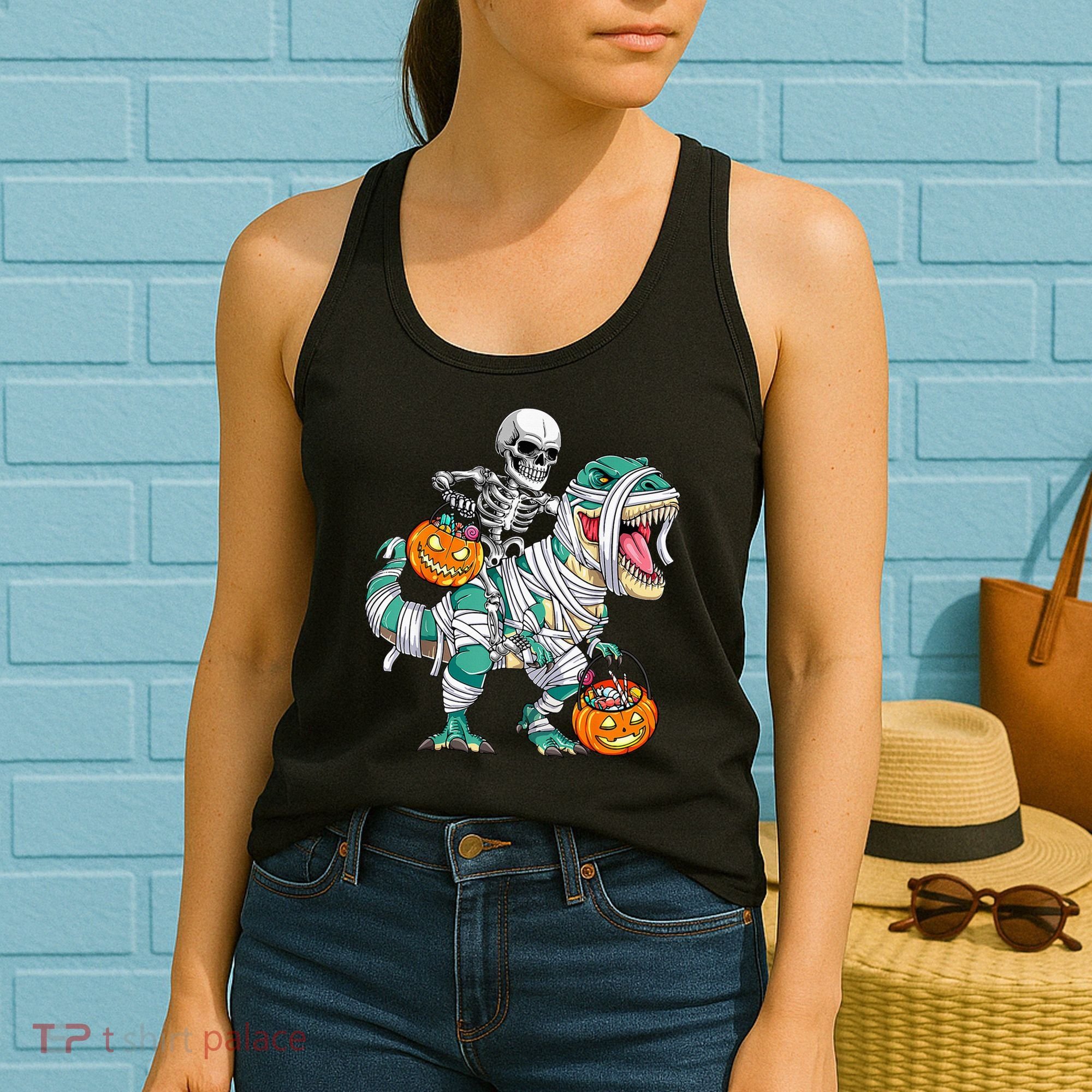 Skeleton Riding Dinosaur T Rex Funny Kids Halloween Women's Tank Top
