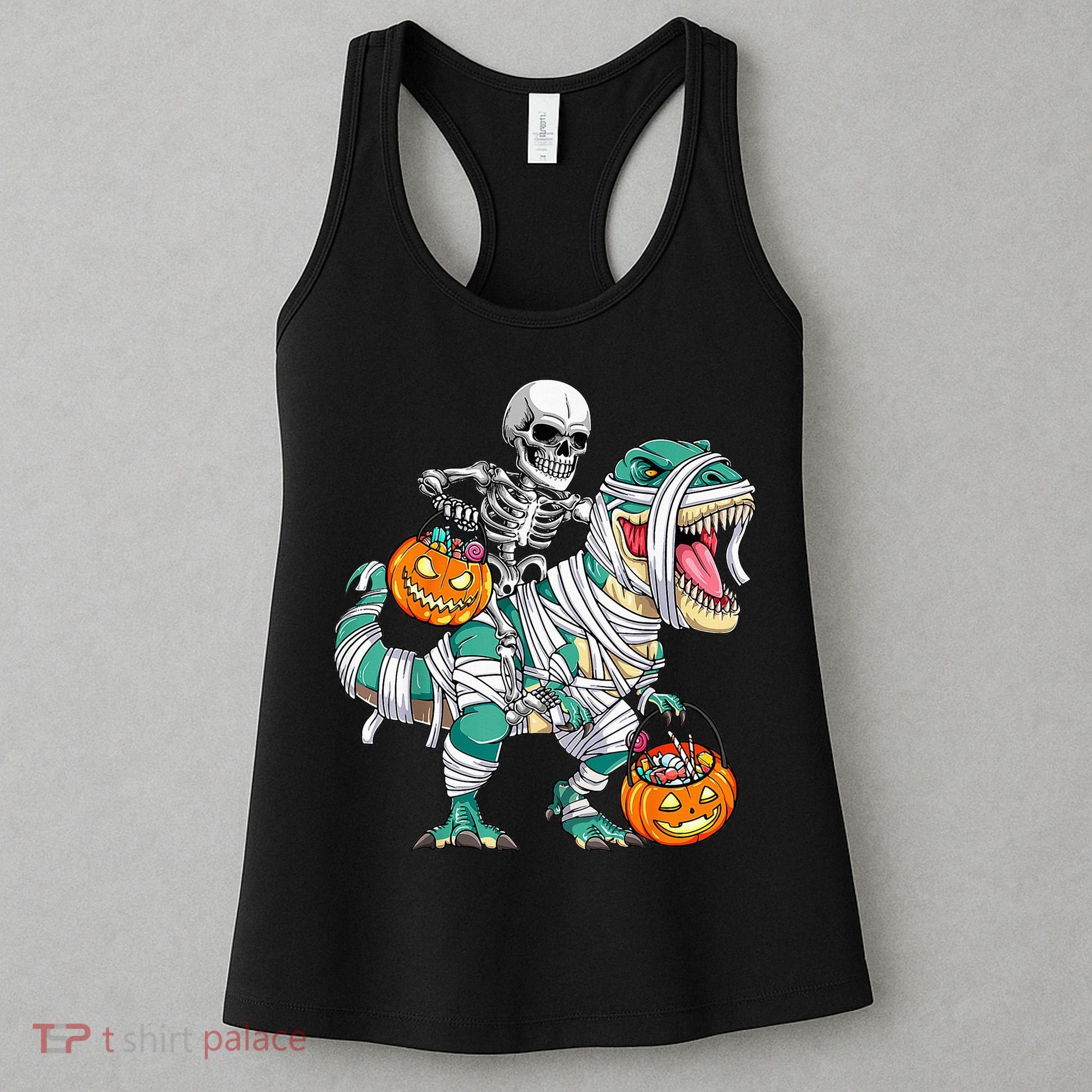Skeleton Riding Dinosaur T Rex Funny Kids Halloween Women's Tank Top
