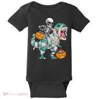 Skeleton Riding Dinosaur T Rex Funny Kids Halloween Baby Bodysuit thumb 0