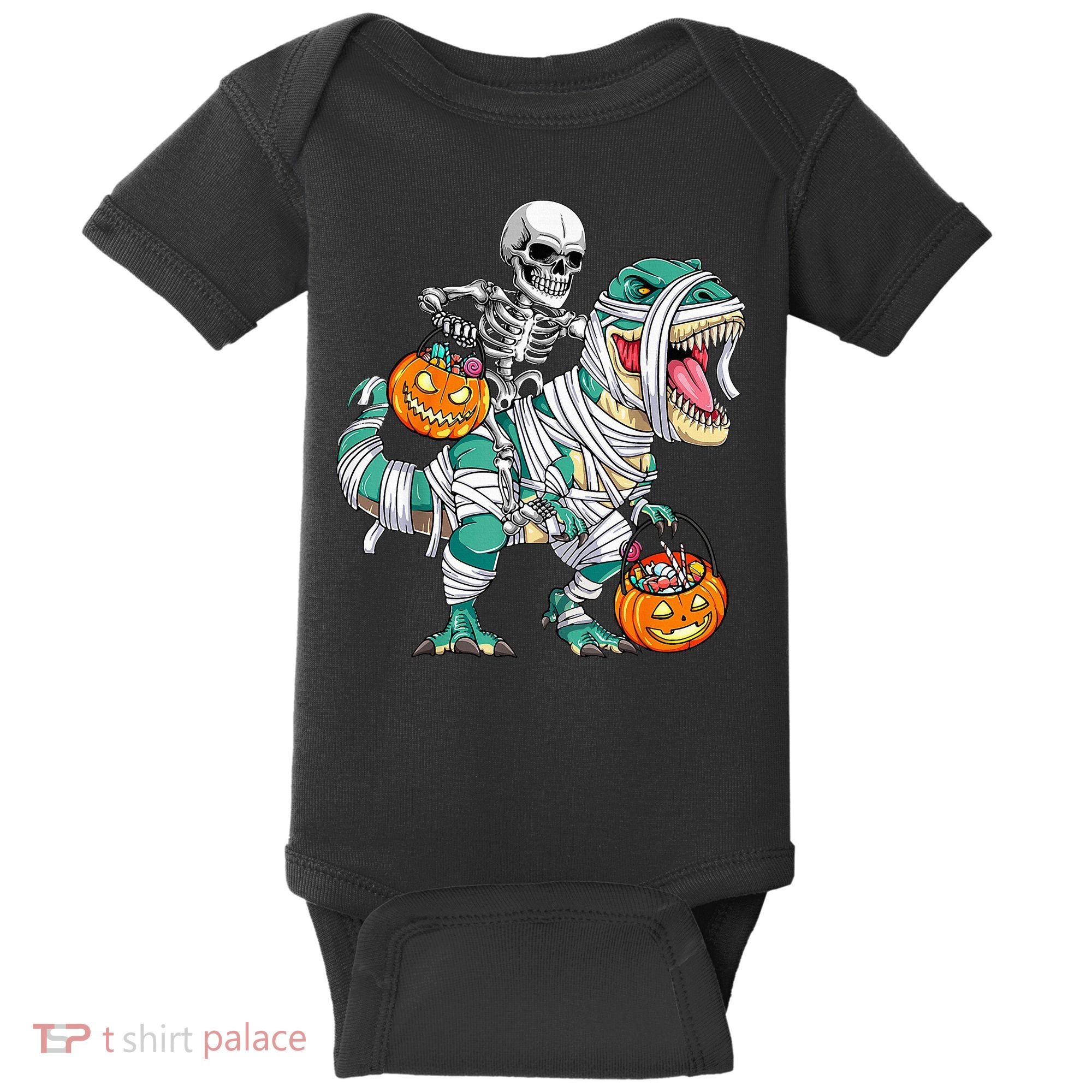 Skeleton Riding Dinosaur T Rex Funny Kids Halloween Baby Bodysuit