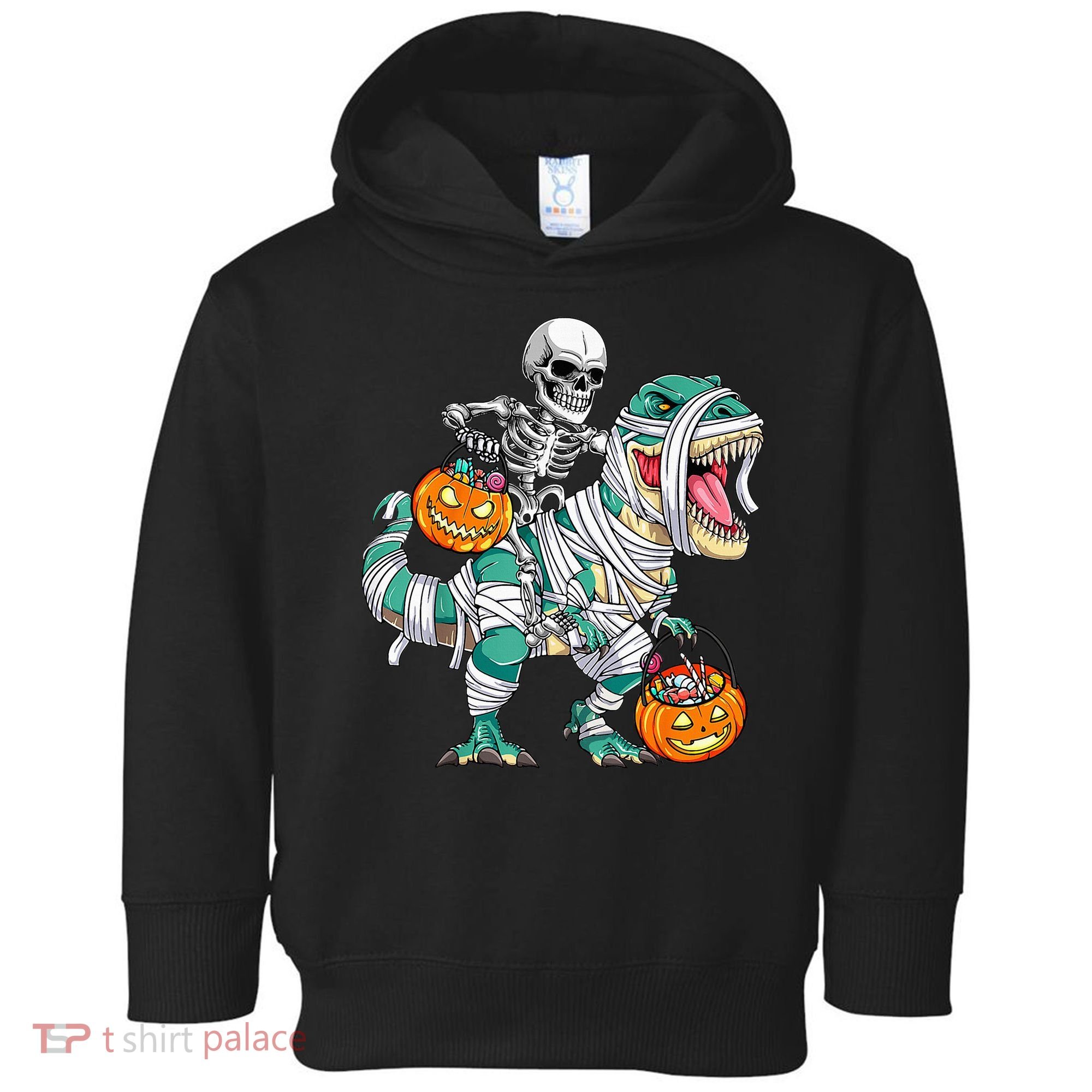 Skeleton Riding Dinosaur T Rex Funny Kids Halloween Toddler Hoodie
