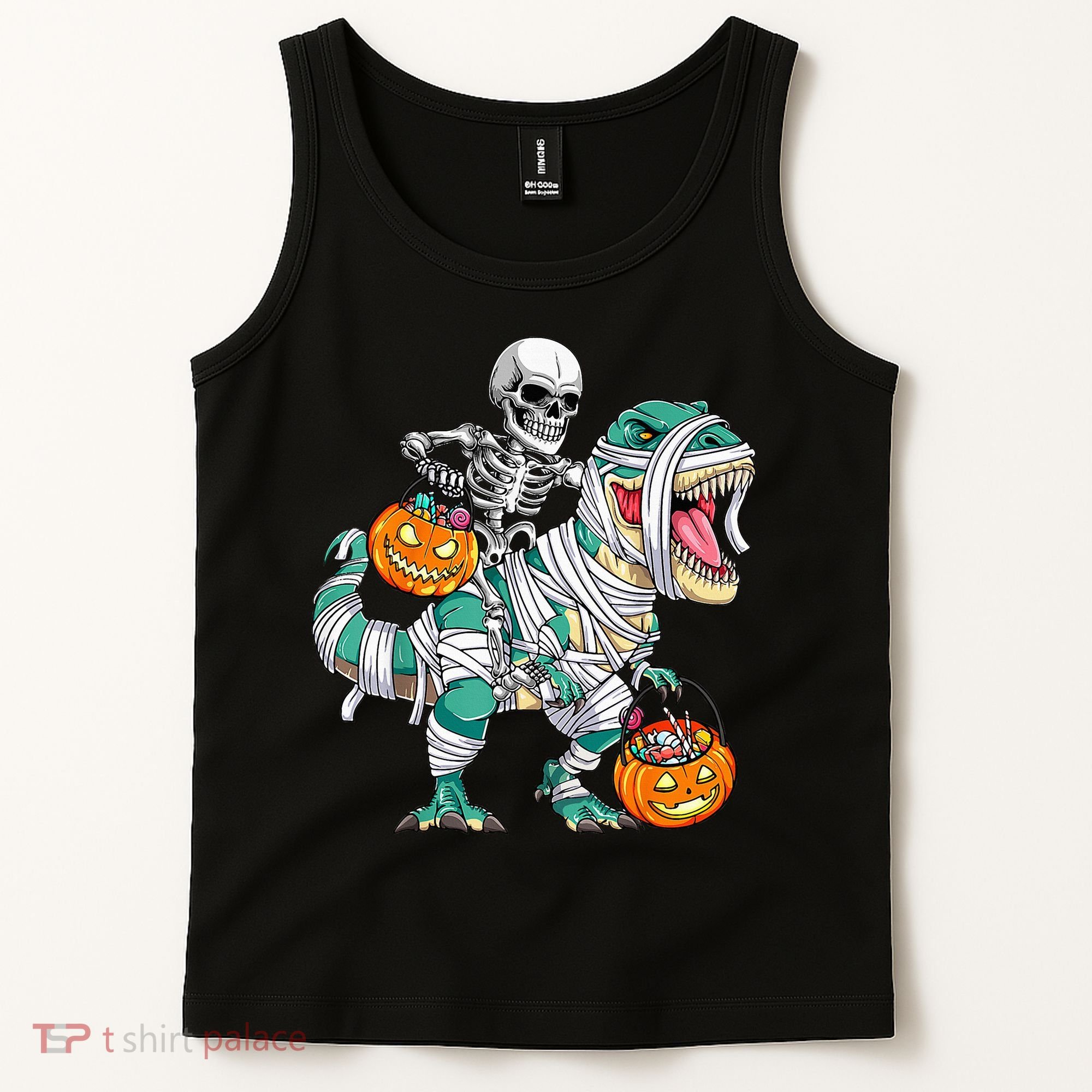 Skeleton Riding Dinosaur T Rex Funny Kids Halloween Tank Top