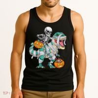 Skeleton Riding Dinosaur T Rex Funny Kids Halloween Tank Top thumb 3