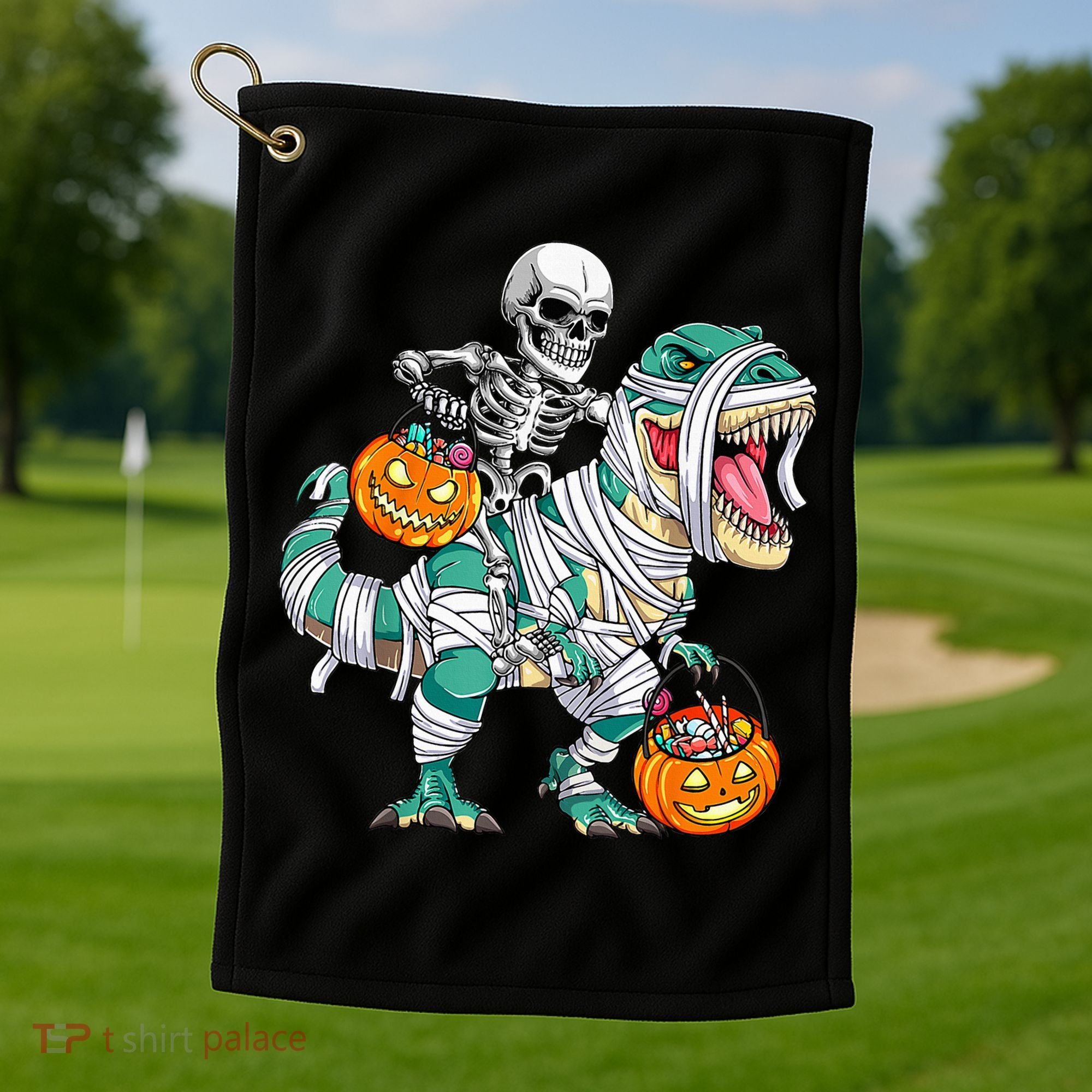 Skeleton Riding Dinosaur T Rex Funny Kids Halloween Golf Towel