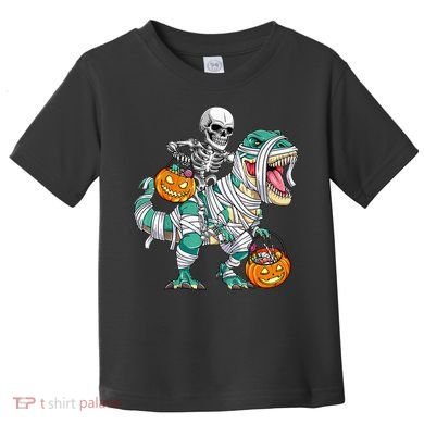 Skeleton Riding Dinosaur T Rex Funny Kids Halloween Toddler T-Shirt