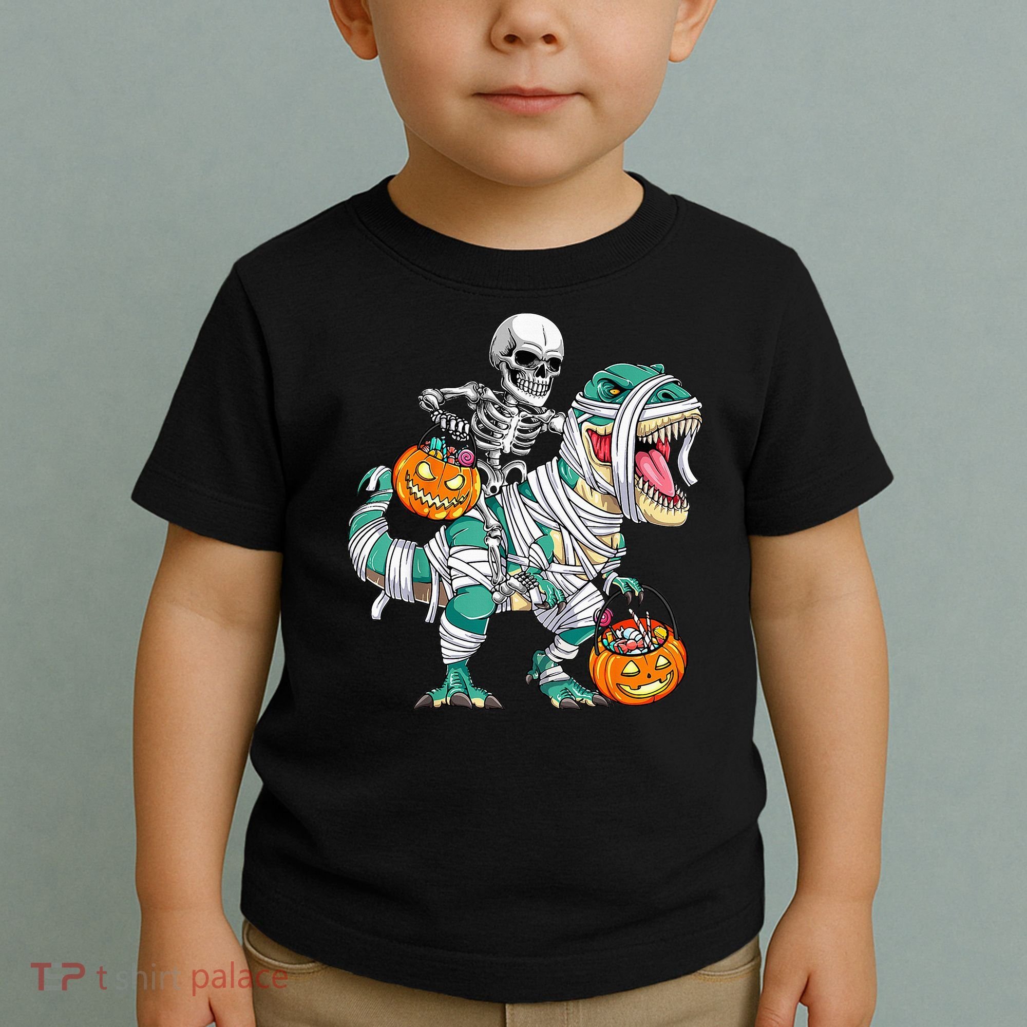 Skeleton Riding Dinosaur T Rex Funny Kids Halloween Toddler T-Shirt